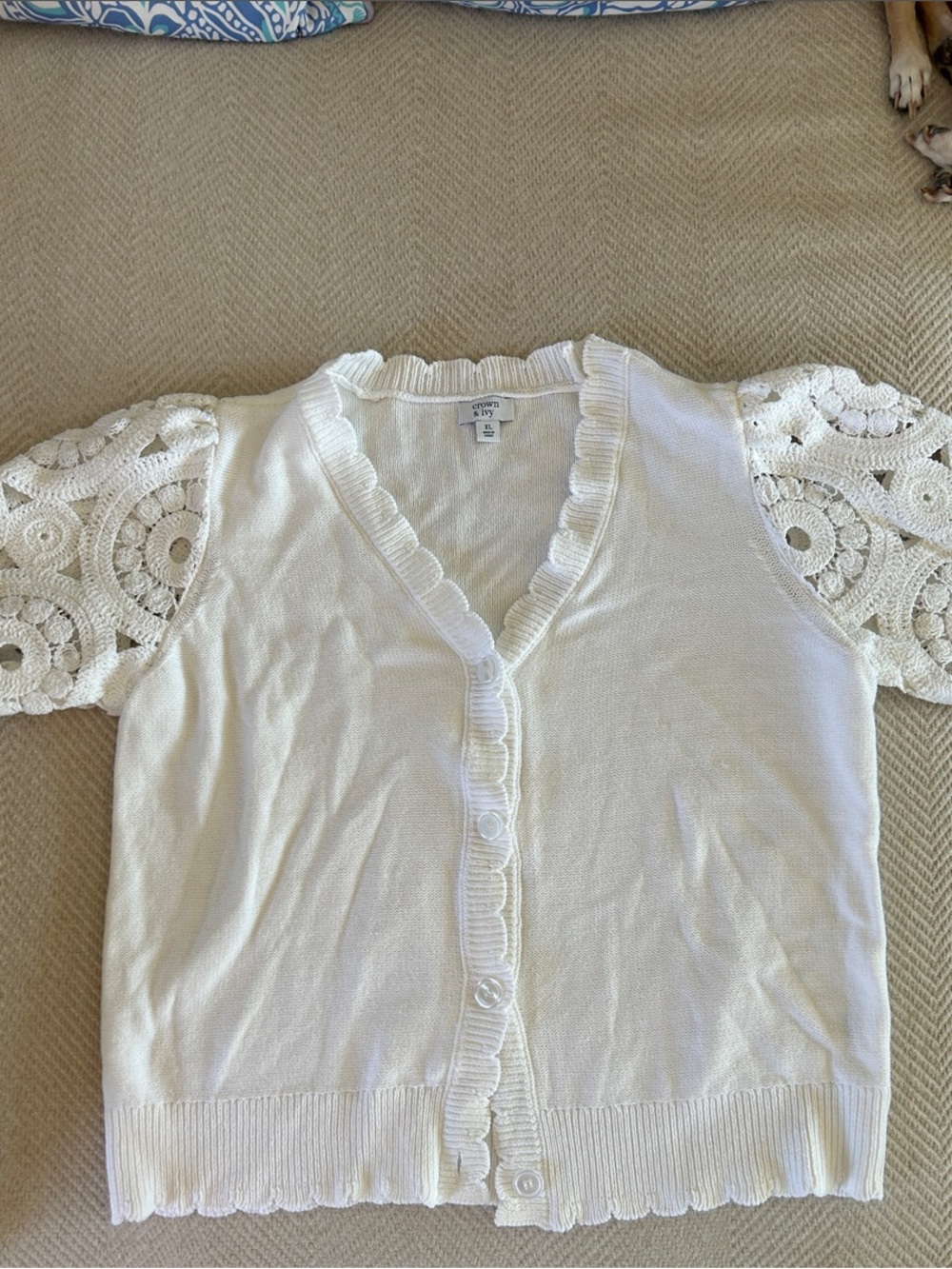 crown & ivy White Eyelet Sleeve Knit Cardigan
